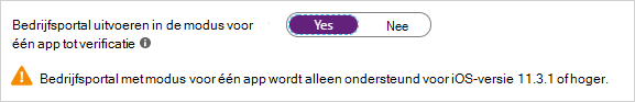 Schermopname van de optie Bedrijfsportal uitvoeren in modus voor één app.