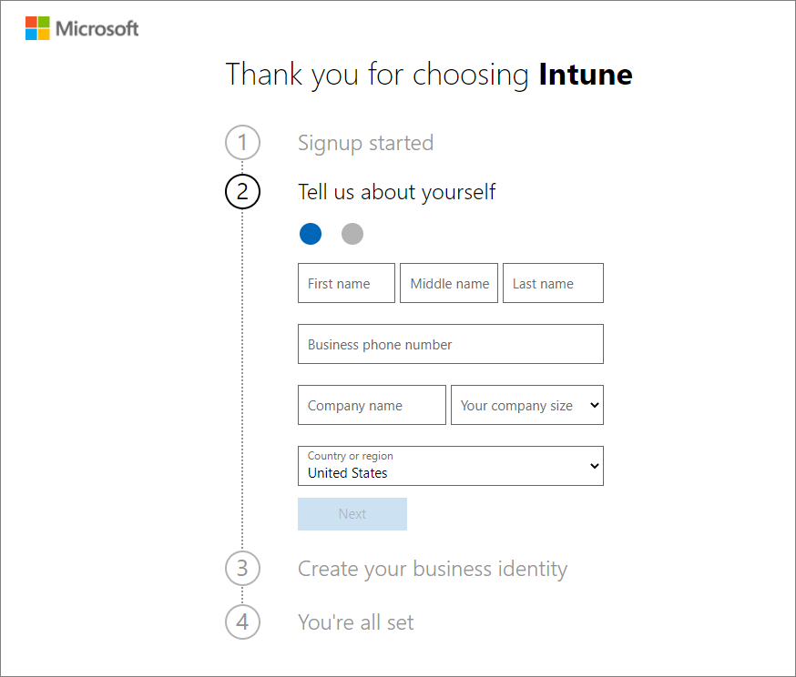 Schermopname van de Microsoft Intune accountpagina instellen - Accountgegevens toevoegen