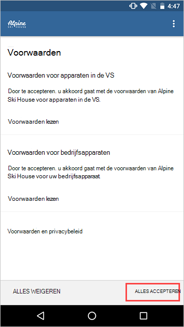 Voorbeeldafbeelding van de bedrijfsportal, het scherm Voorwaarden, met de knop Alles accepteren gemarkeerd.