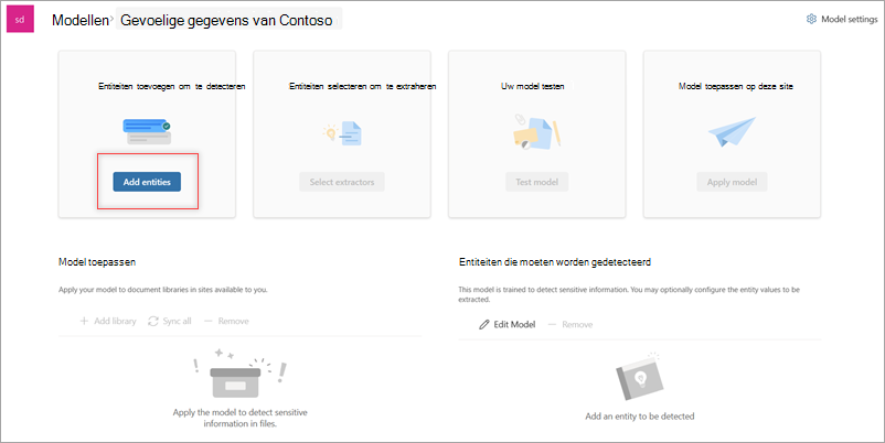 Schermopname van de pagina nieuwe modellen met de sectie Entiteiten toevoegen om te detecteren.