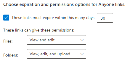 Schermopname van de verloopinstellingen voor Iedereen-koppeling op organisatieniveau van SharePoint.