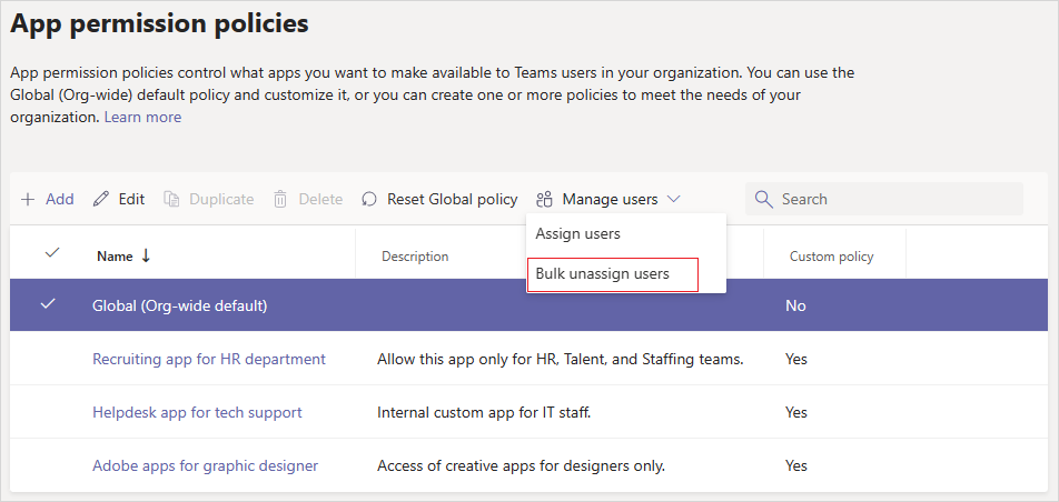 Screenshot that shows the bulk unassign users option from the manage user dropdown menu.