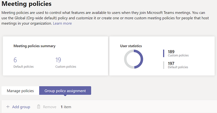 Screenshot of Teams group policy assignment.