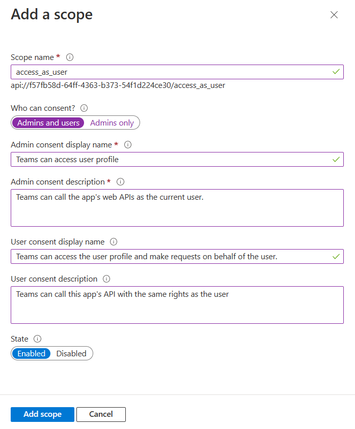 The screenshot shows how to add scope details in Azure.
