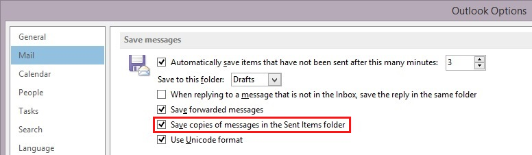 Schermafbeelding toont stappen om de optie Kopieën van berichten in de map Verzonden items in Outlook 2010 of latere versies in te schakelen.