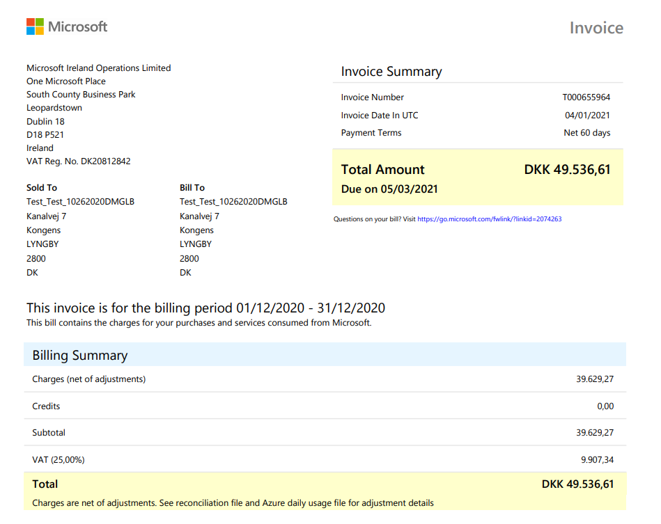 Schermopname van een partnercentrumfactuur waarin staat dat aanpassingsgegevens worden weergegeven op recon- en Azure-bestanden voor dagelijks gebruik.