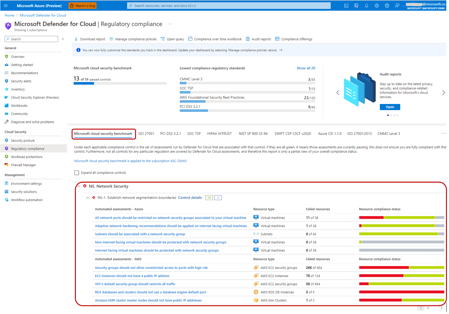 Schermopname van MSCB-integratie in Microsoft Defender for Cloud