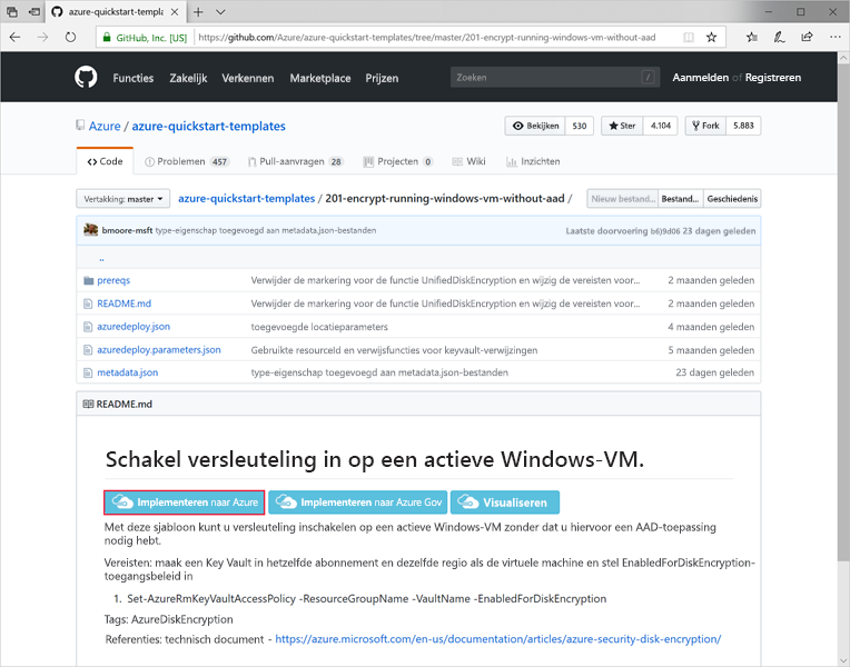 Screenshot showing GitHub template with the Deploy to Azure button highlighted.