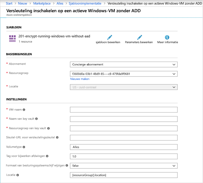 Screenshot showing template in Azure portal.