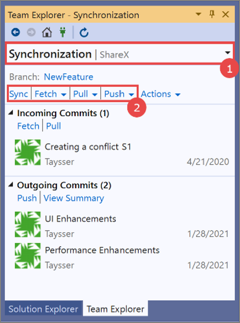 Screenshot of the Synchronization window for Team Explorer in Visual Studio 2019, with a 'fetch, pull, and push' procedure overlay.
