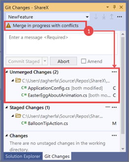 Screenshot of the Git Changes window in Visual Studio 2019, with a 'resolve conflicts' procedure overlay.