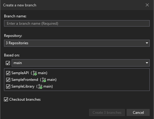 Screenshot of the 'Create a new branch' dialog in Visual Studio.