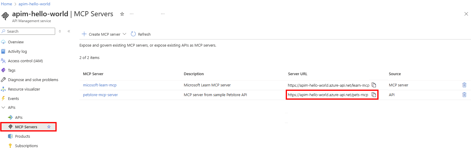 Schermopname van de lijst met MCP-servers in de portal.
