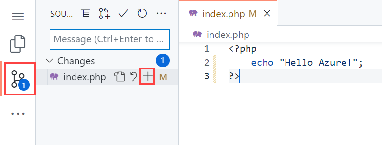 Schermafbeelding van Visual Studio Code in de browser, waarbij de navigatie van het bronbeheer in de zijbalk wordt gemarkeerd, en vervolgens de knop Wijzigingen Stagen in het Bronbeheer paneel wordt gemarkeerd.