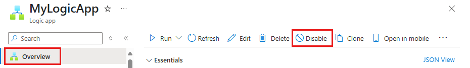 Schermopname van de pagina Overzicht van logische apps met de knop Uitschakelen geselecteerd.