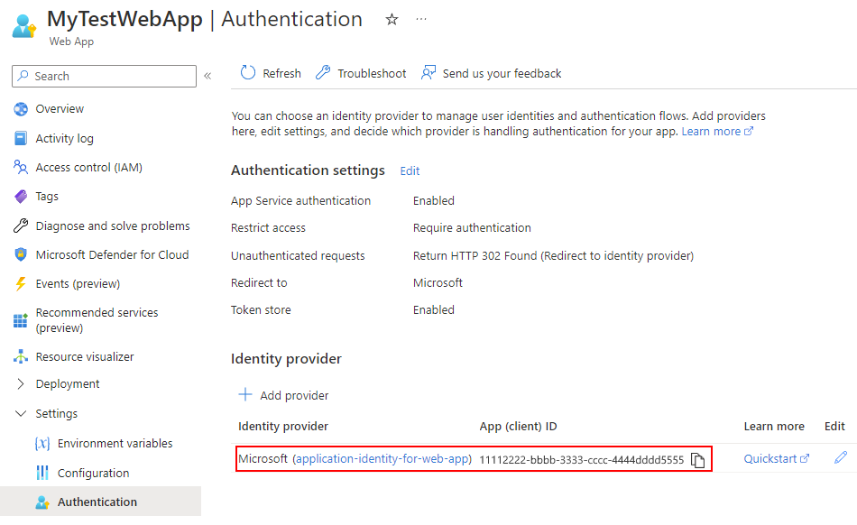 Schermopname van zojuist gemaakte toepassingsidentiteit voor web-app of API-app.