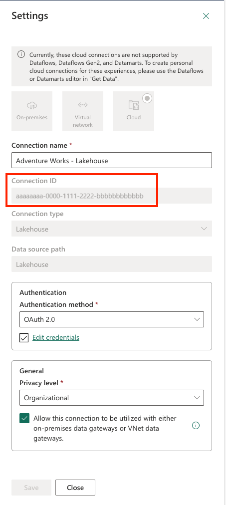 Schermopname van het ophalen van de verbindings-id vanuit de verbindingsinstellingen.