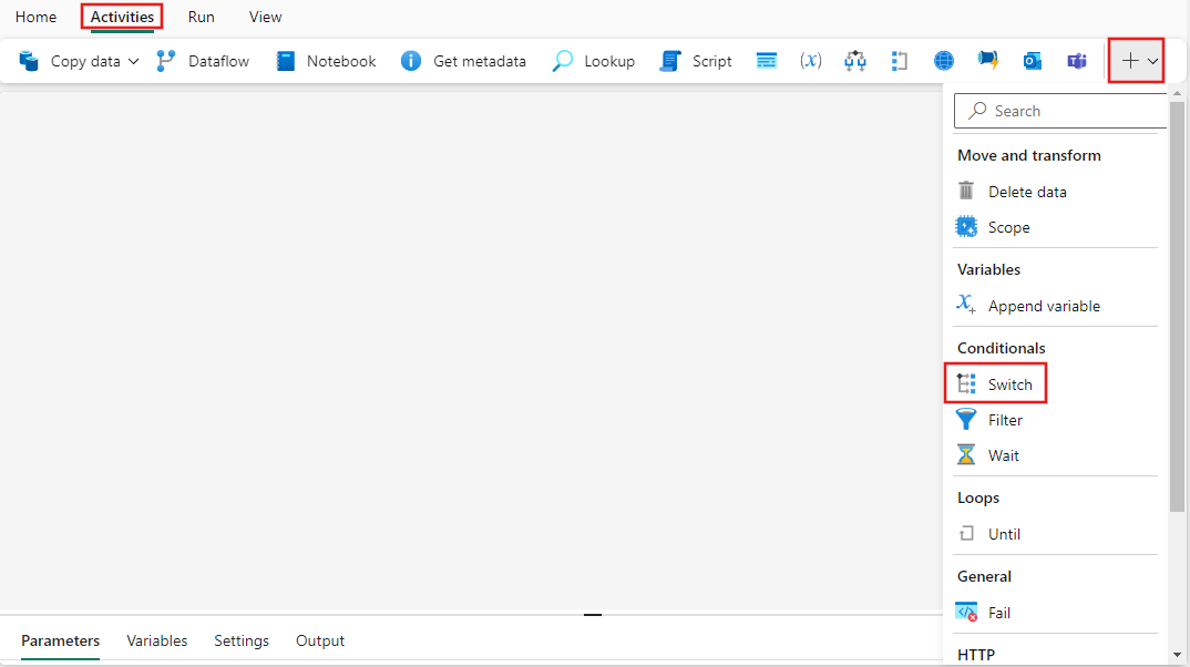 Schermopname van de Fabric UI met het deelvenster Activiteiten en de gemarkeerde wisselactiviteit.