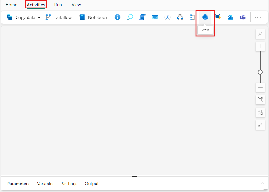 Schermopname van de Fabric UI met het deelvenster Activiteiten en Webactiviteit gemarkeerd.