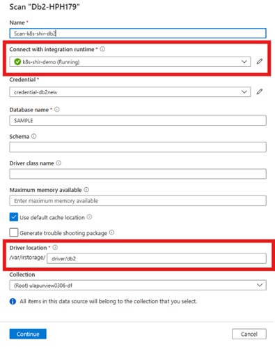 Screenshot of the scan setup window, showing the driver location listed as driver/db2.