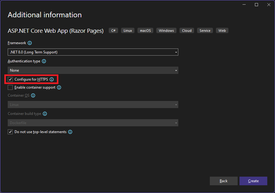 Additional information dialog for New ASP.NET Core Web App template, showing the Configure for HTTPS checkbox