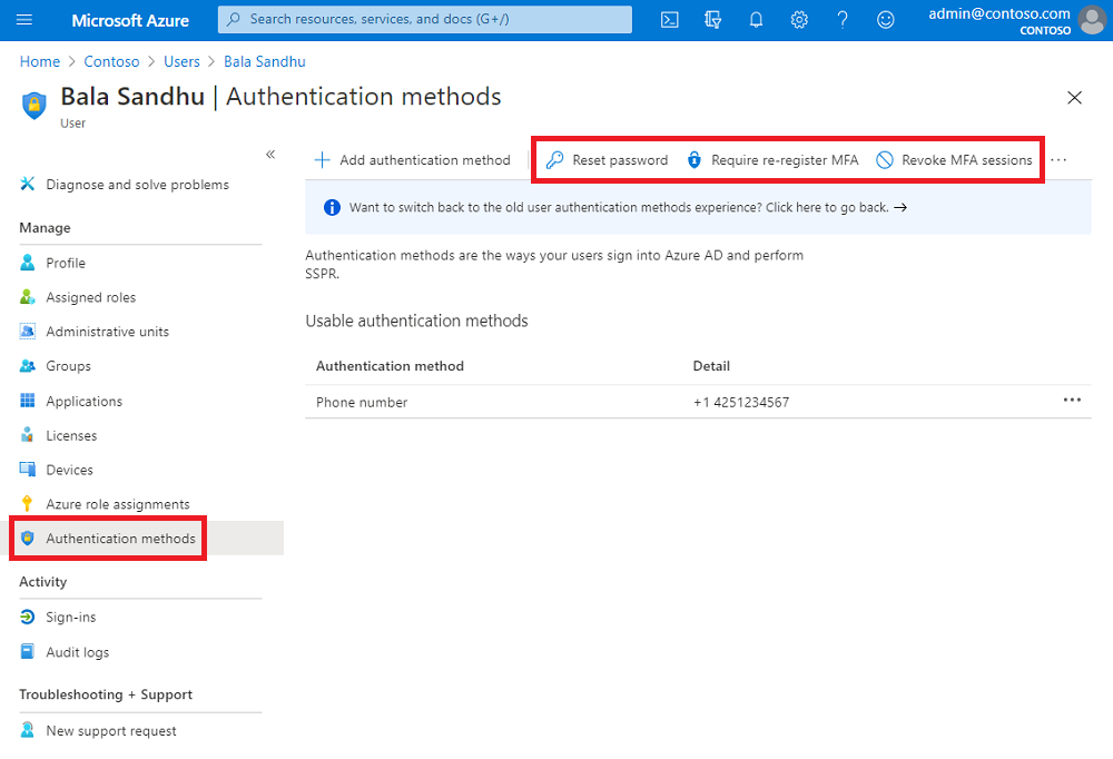 Schermopname van het beheren van verificatiemethoden vanuit het Microsoft Entra-beheercentrum.