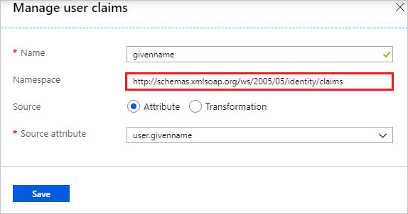 Screenshot shows the Manage user claims section where you can enter the Namespace.