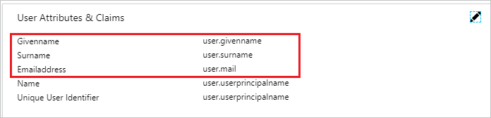 Screenshot shows the Givenname, Surname, and Emailaddress attributes.