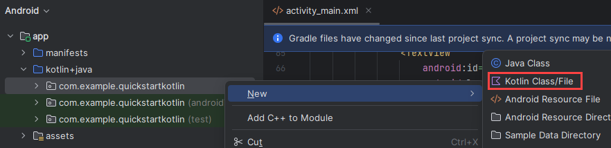 Schermopname van de map 'quickstartkotlin'.