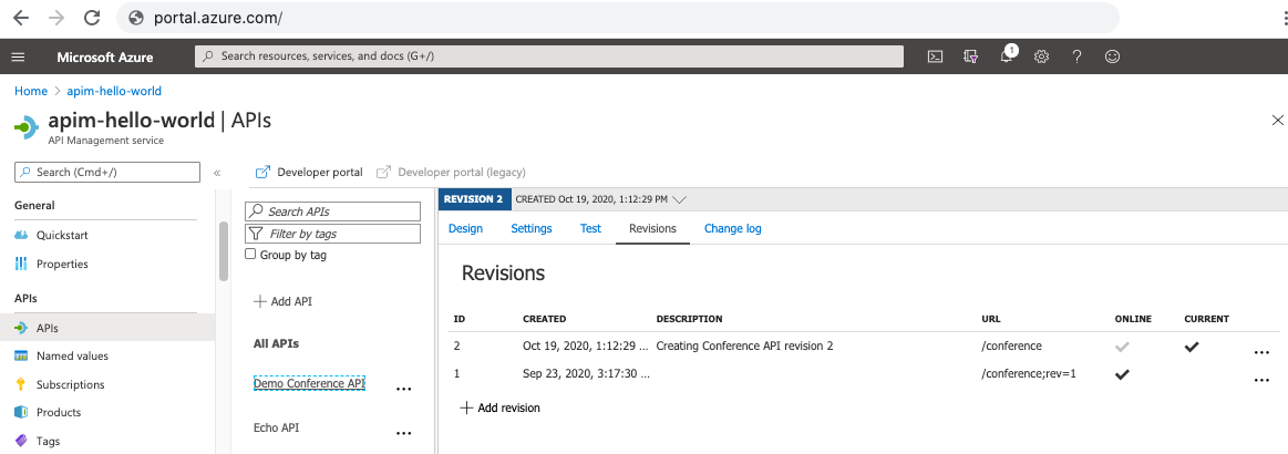 API-revisies in Azure Portal