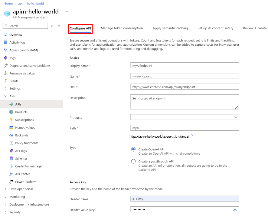Schermopname van de API-configuratie van taalmodel in de portal.