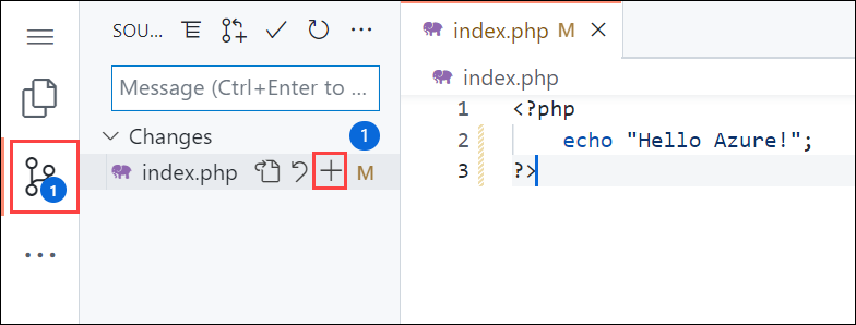 Schermopname van Visual Studio Code in de browser, waarbij de navigatie van broncodebeheer in de zijbalk wordt gemarkeerd en vervolgens de knop Fasewijzigingen in het deelvenster Broncodebeheer wordt gemarkeerd.