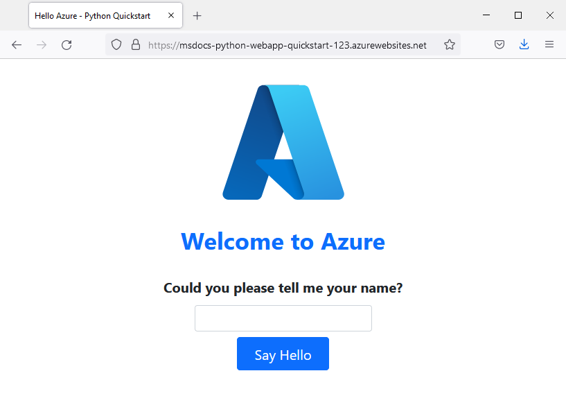 Schermopname van de app die wordt uitgevoerd in Azure