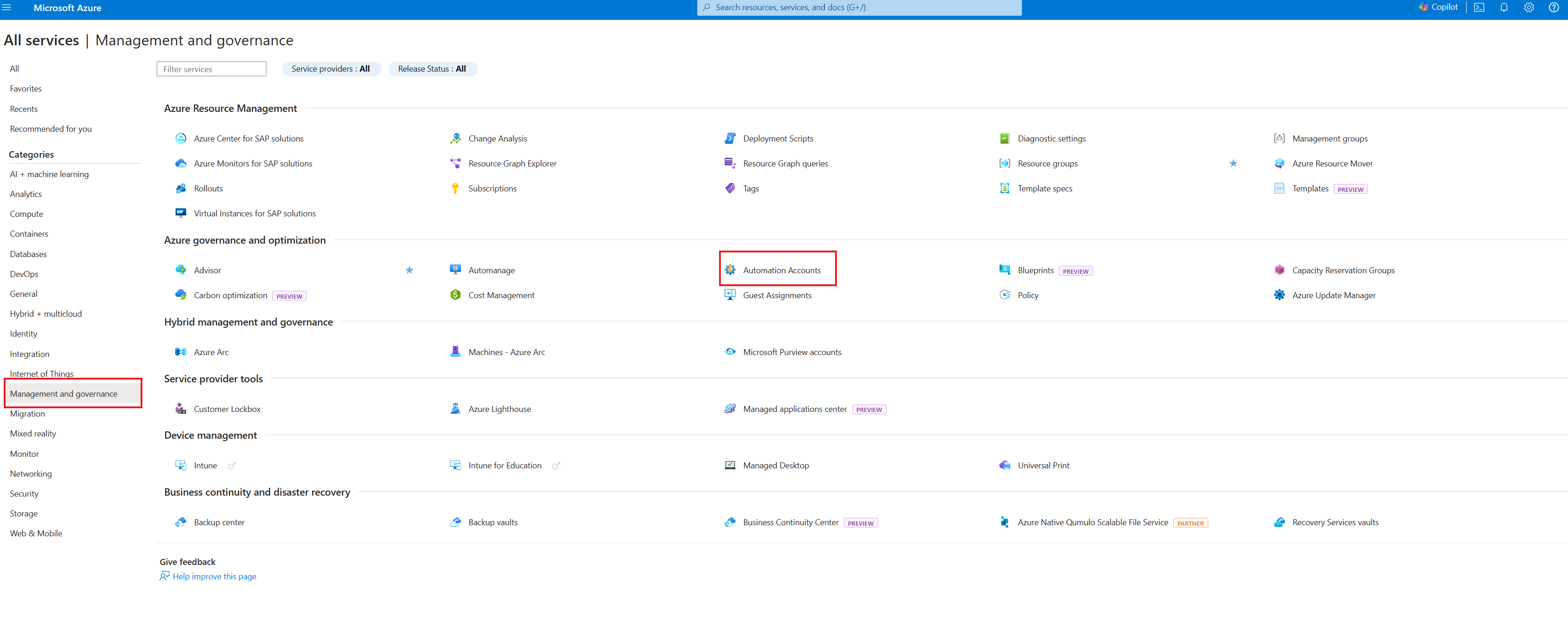 Schermopname van Automation-accounts in de portal.