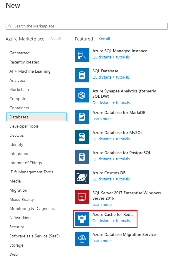 Selecteer Azure Cache voor Redis.