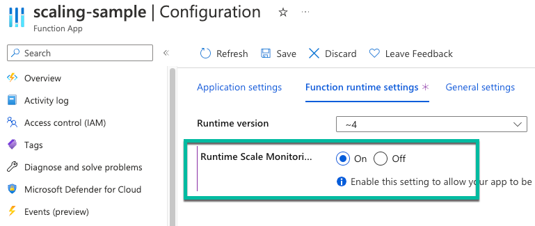 Schermopname van het deelvenster Azure Portal om runtime schalen in te schakelen.