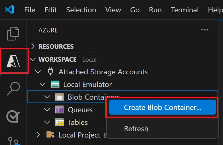 Schermopname die laat zien hoe u Blobcontainer maken selecteert in de lokale emulatie in Visual Studio Code.