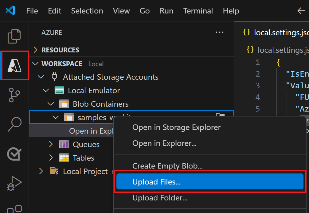 Schermopname die laat zien hoe u Upload Files selecteert in de container samples-workitems in lokale emulatie in Visual Studio Code.