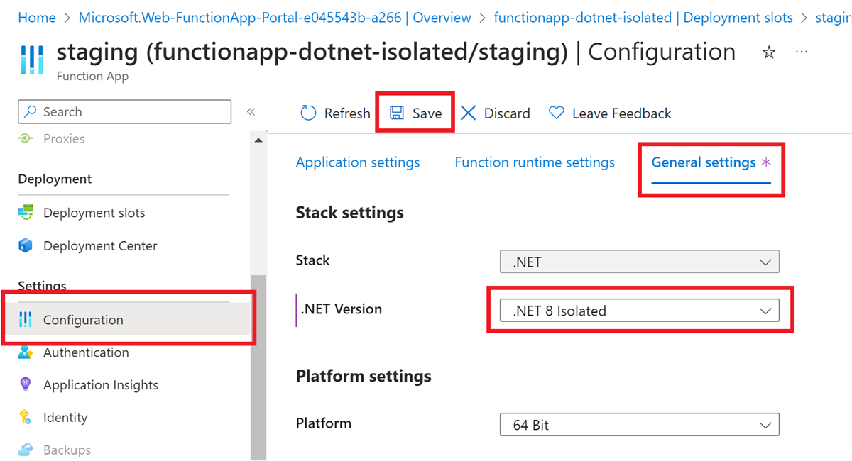 Schermopname van het instellen van de gewenste .NET-versie voor een functie-app in Azure Portal.