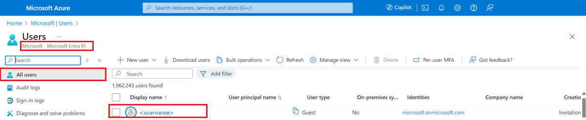 Schermopname van de pagina Alle gebruikers in Azure Portal. Informatie over één gebruiker is zichtbaar, maar kan niet worden ontcijferd.