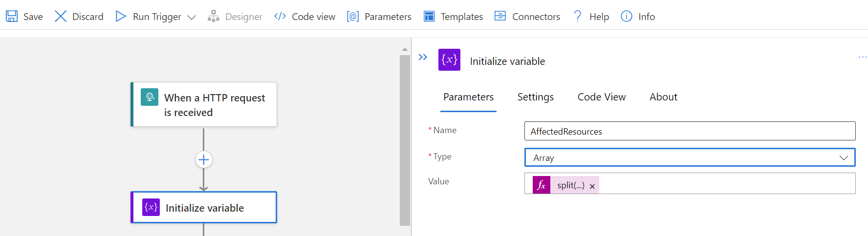 Schermopname van het tabblad Parameters voor het deelvenster Initialize variable.