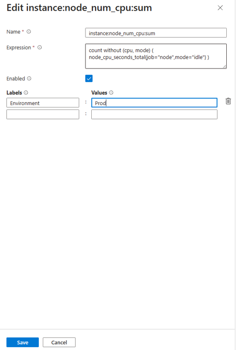 Schermopname van de configuratie van de opnameregel voor Prometheus-regelgroepen.