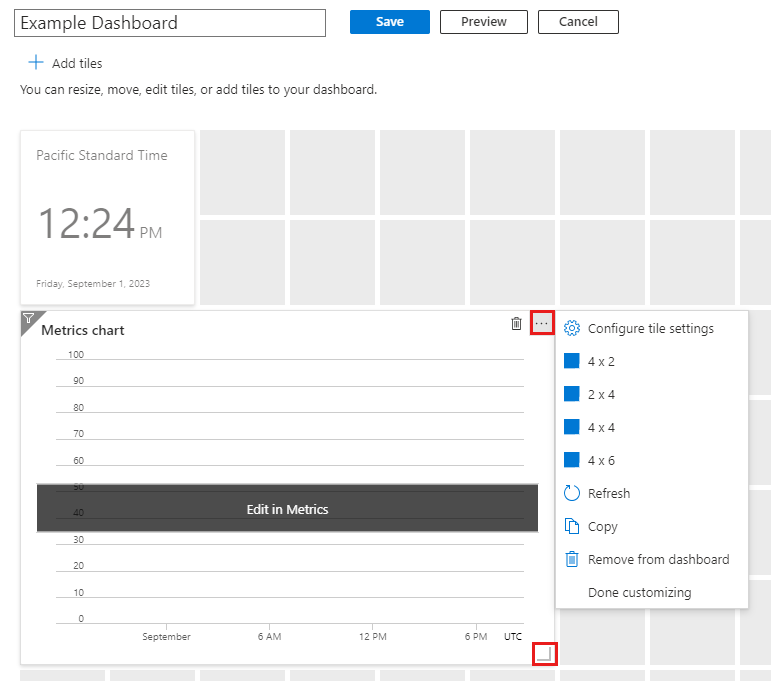 Schermopname van dashboard met menu tegelgrootte geopend.