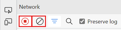 Schermopname van het netwerklogboek stoppen en de opties Wissen op het tabblad Netwerk in Edge.