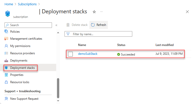 Schermopname van het weergeven van implementatiestacks in het abonnementsbereik.