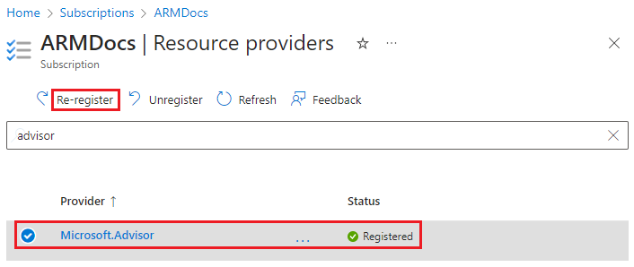 Schermopname van het opnieuw registreren van een resourceprovider in Azure Portal.