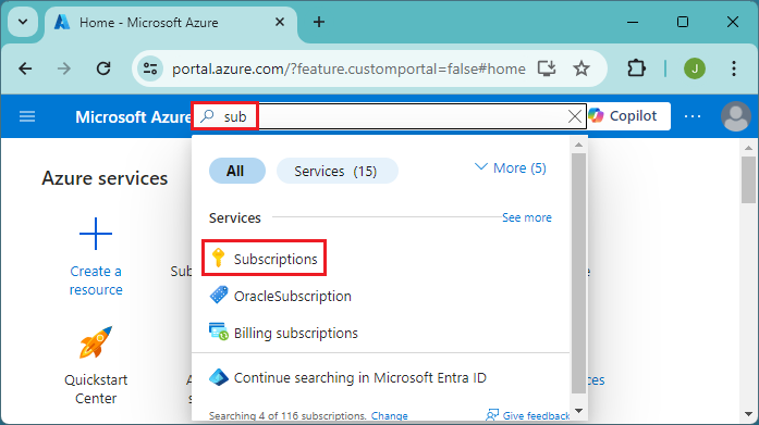 Schermopname van het zoeken naar abonnementen in Azure Portal.