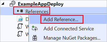 Schermopname van het contextmenu ExampleAppDeploy waarin de optie Verwijzing toevoegen is gemarkeerd.