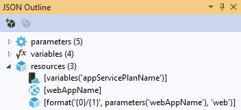 Schermopname van het venster JSON-overzicht in Visual Studio voor de Resource Manager-sjabloon.