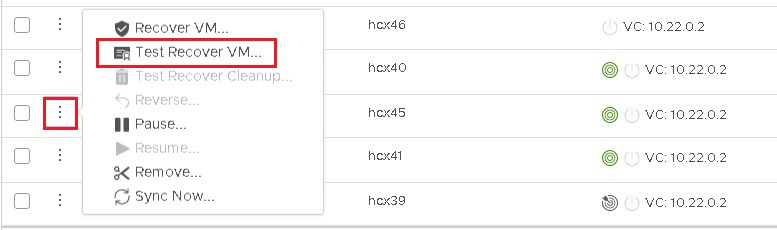 Schermopname van de menuoptie Test Recovery VM.